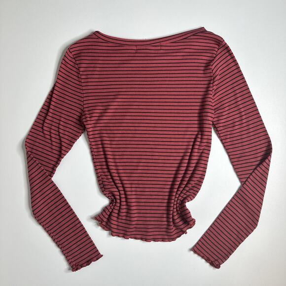 Y2k Derek Heart Long Sleeve Top Sz Medium Stripe Knit Ribbed Lettuce Hem Grunge - Picture 2 of 7